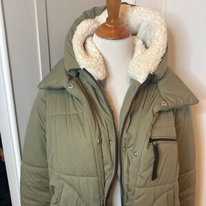 Women's Olive Puffer Jacket Faux Shearling Lining by Avec Les Filles-Small